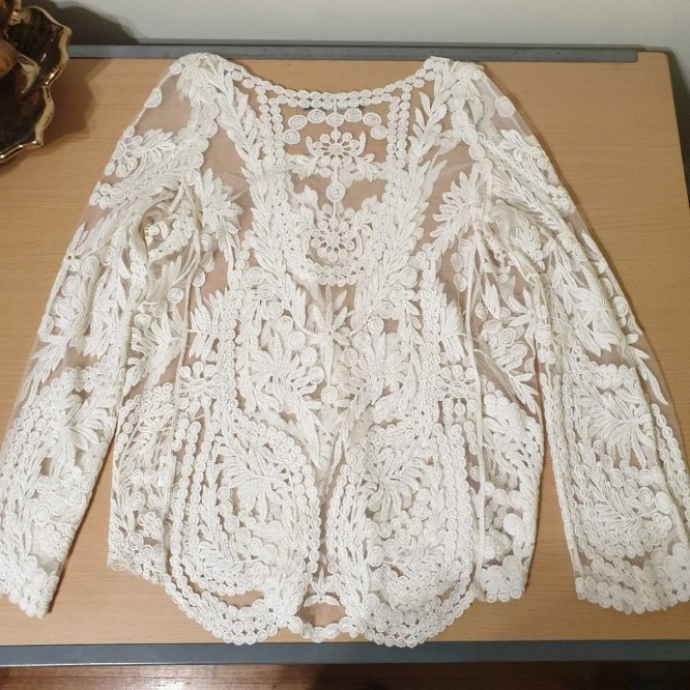 Origami by vivien AU-S White Lace Long-sleeve Blouse Top - Picture 7 of 8